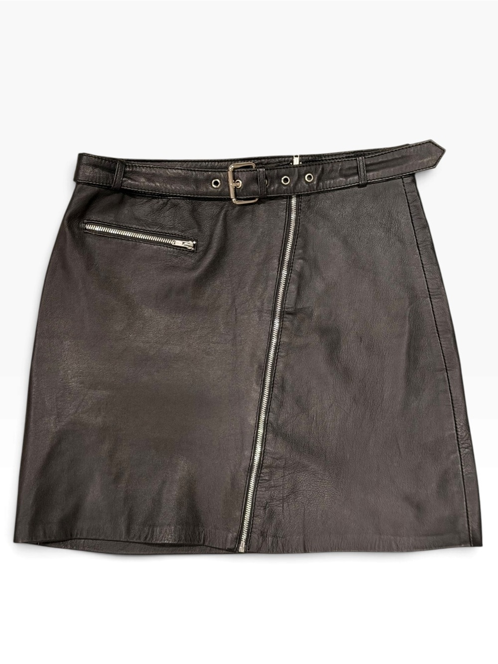 Zaliah Black Leather Asymmetric Zip Moto Mini Skirt - Size 10